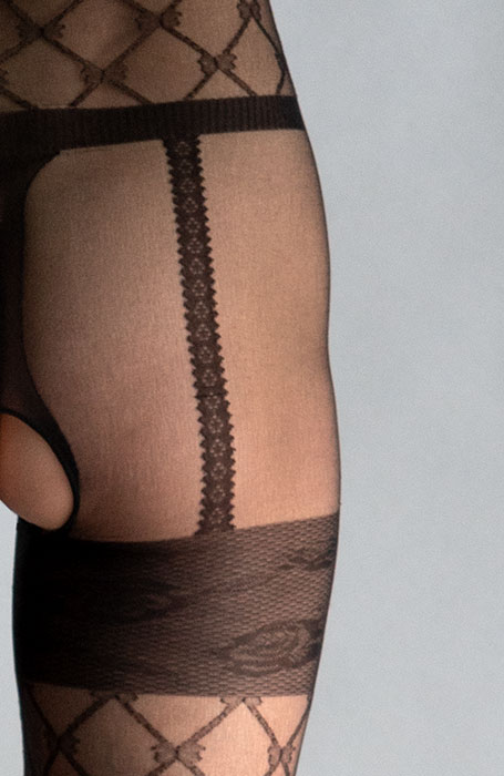 Schwarze erotische Körperstrümpfe Bodystocking mit offenem Schritt und Netz optik Muster Collanteria Komura