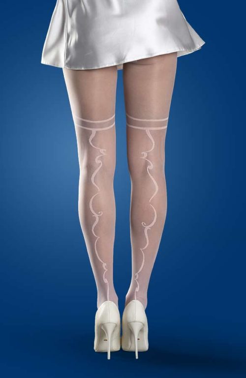 Weisse Hochzeit Feinstrumpfhose mit kalligraphischer Naht und Strumpfbandimitation Collanteria MontBlanc