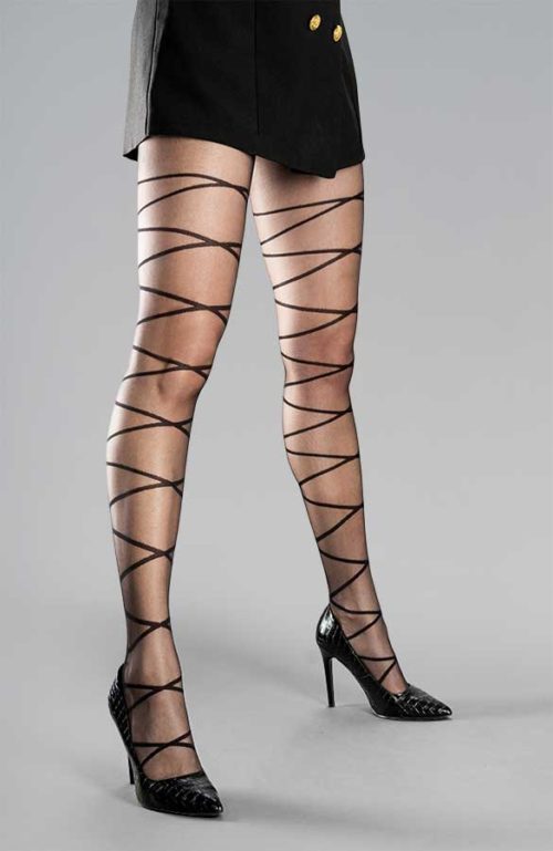 Sexy schwarze Modestrumpfhose mit Spitzenmuster und offenem Schritt Collanteria Athena